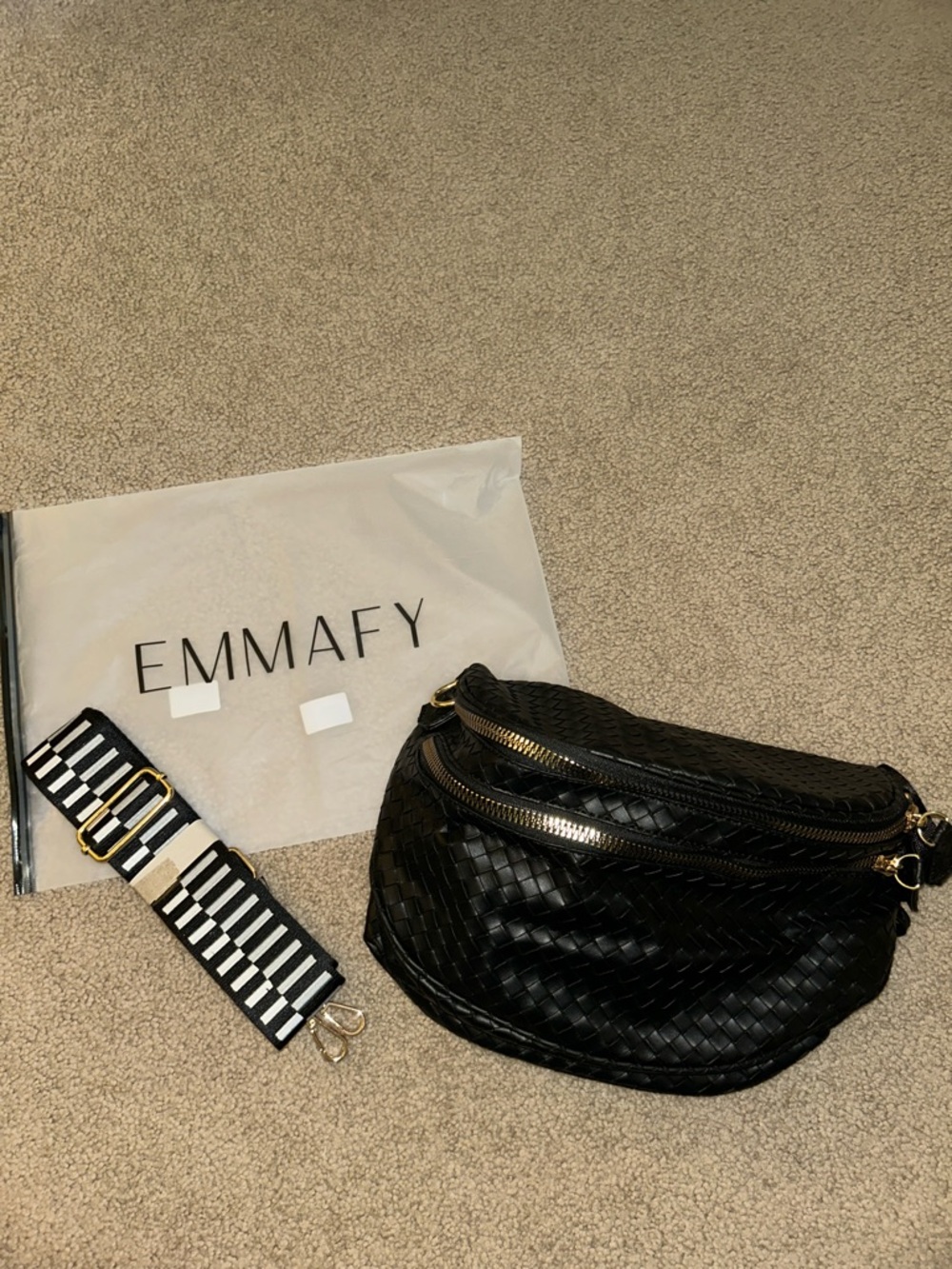 Emmafy Black Woven Leather Crossbody Bag with Gold Hardware